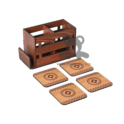 ShopTwiz Wooden Multipurpose Organizer With Designer Coaster Set - Premium Corporate Gift