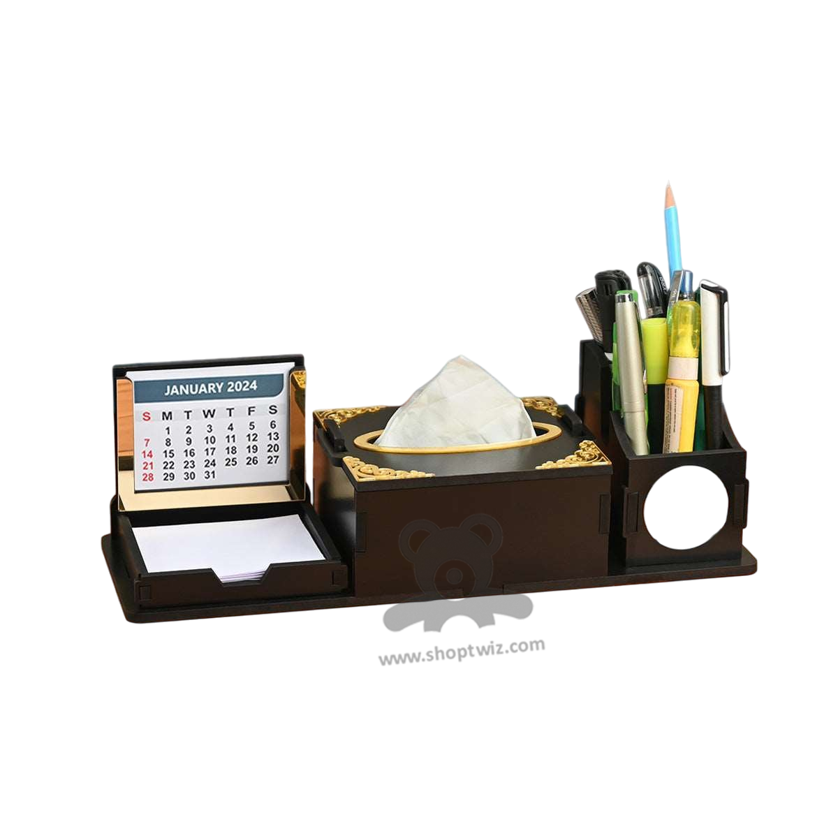 ShopTwiz Wooden Desk Organizer With Calendar Notepad & Pen Holder - Premium Corporate gift