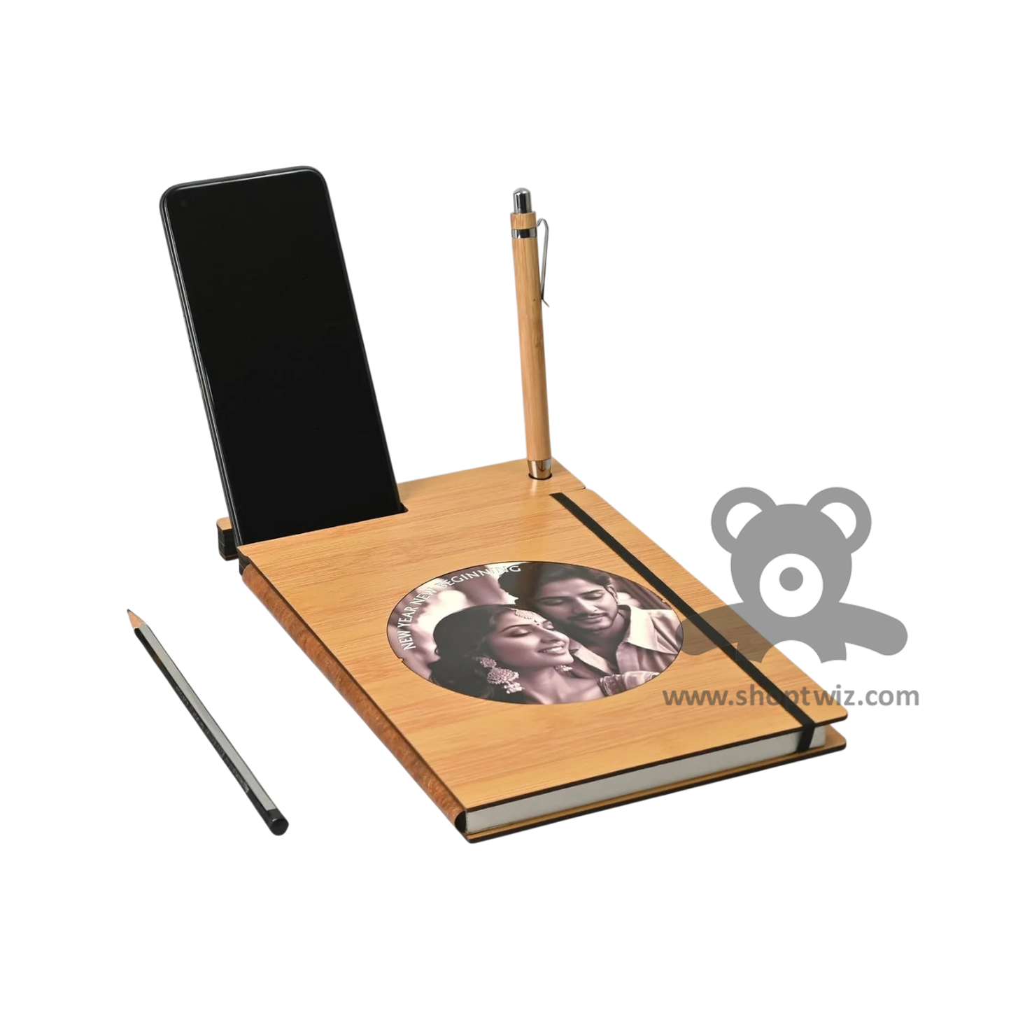 ShopTwiz Customized Wooden Notebook With Mobile & Pen Holder-Premium Corporate Gift
