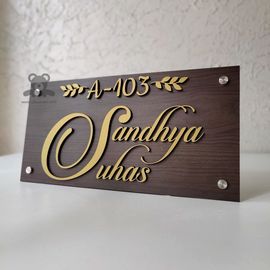 ShopTwiz Rectangle Wood Golden Letter Design Name Plate for House and Office