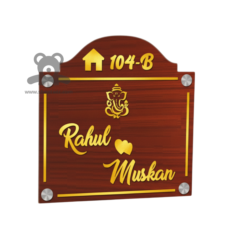 ShopTwiz Square Wood Golden Letter And Design Ganesh Ji Name Plate for House and Office