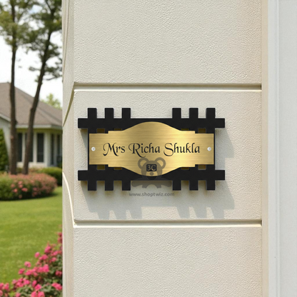 ShopTwiz Rectangle Wood Golden Acrylic Plate Black Letter Name Plate for House and Office