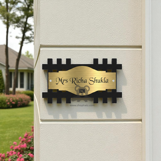 ShopTwiz Rectangle Wood Golden Acrylic Plate Black Letter Name Plate for House and Office