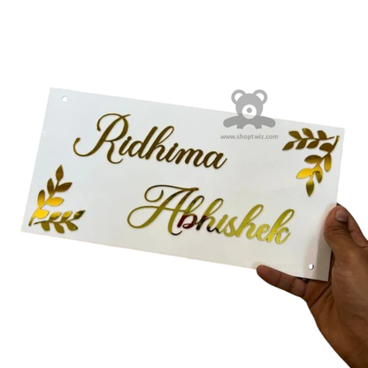ShopTwiz Rectangle White Acrylic Golden Letter Name Plate for House and Office