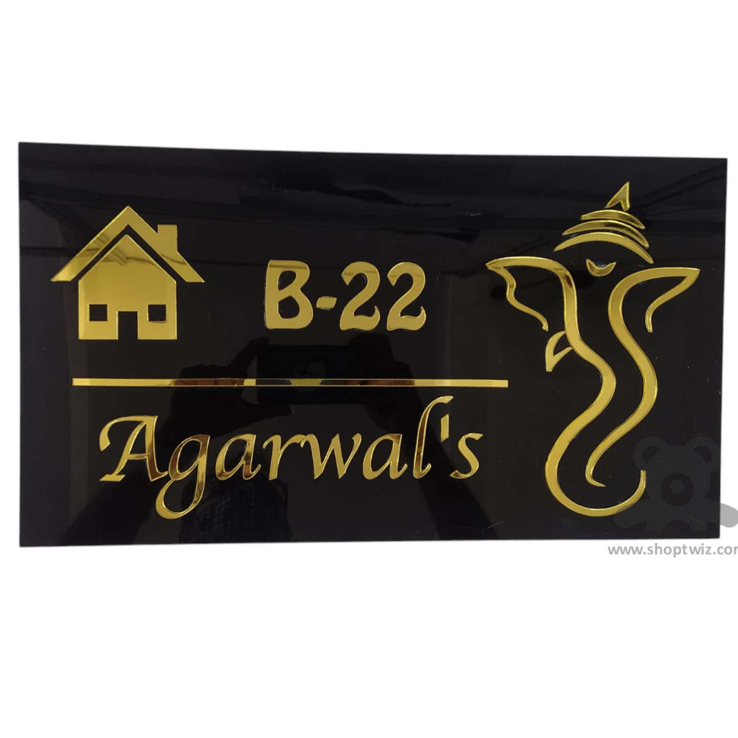 ShopTwiz Rectangle Black Acrylic Golden Letters Ganesha Name Plate for House and Office