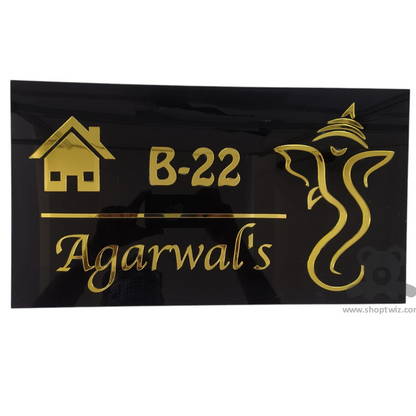 ShopTwiz Rectangle Black Acrylic Golden Letters Ganesha Name Plate for House and Office