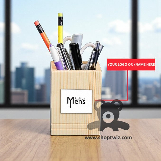ShopTwiz Wooden Pen Stand | Customizable Desk Organizer with Logo/Name Engraving