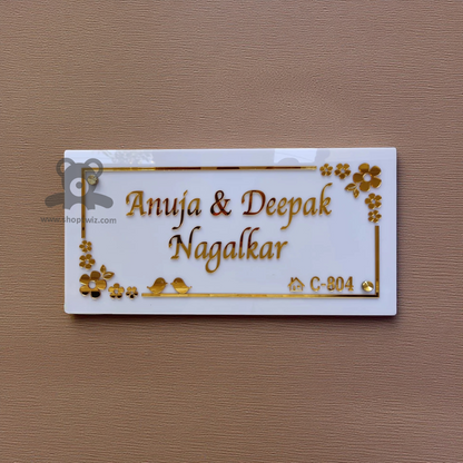 ShopTwiz Rectangle White Golden Letter Design Name Plate for House and Office