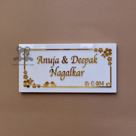 ShopTwiz Rectangle White Golden Letter Design Name Plate for House and Office