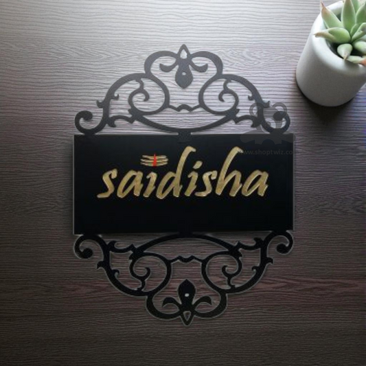 ShopTwiz Rectangle Black Acrylic Golden Letter Name Plate for House and Office