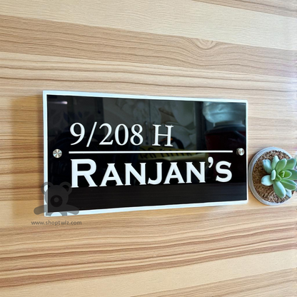 ShopTwiz Rectangle Black Acrylic White Letter And Border Name Plate for House and Office