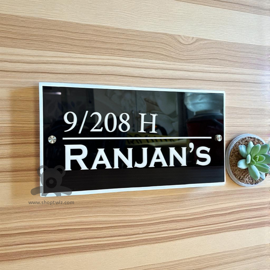 ShopTwiz Rectangle Black Acrylic White Letter And Border Name Plate for House and Office