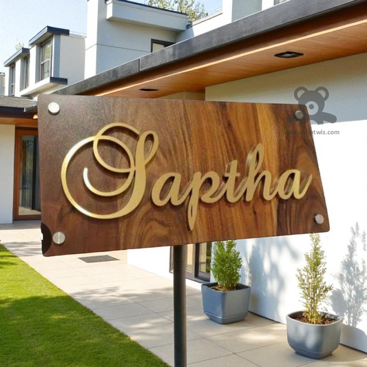 ShopTwiz Rectangle Wood Golden Letter Name Plate for House and Office