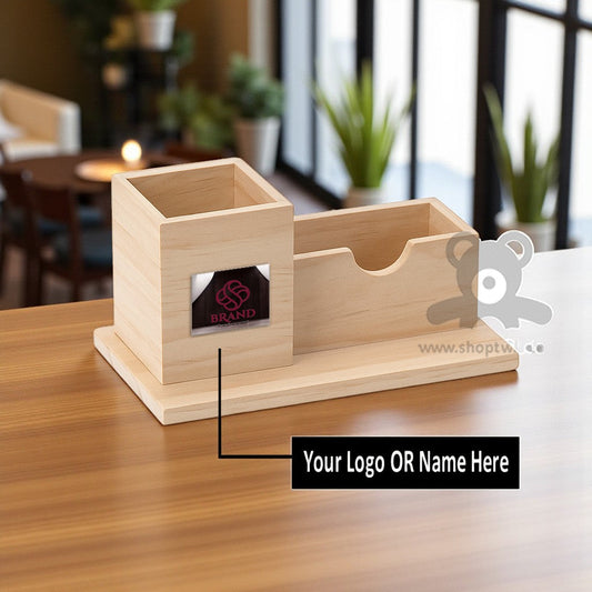 ShopTwiz Customized Wooden Pen Holder – 2 Compartments | Personalize with Logo or Name | Elegant Corporate Gift