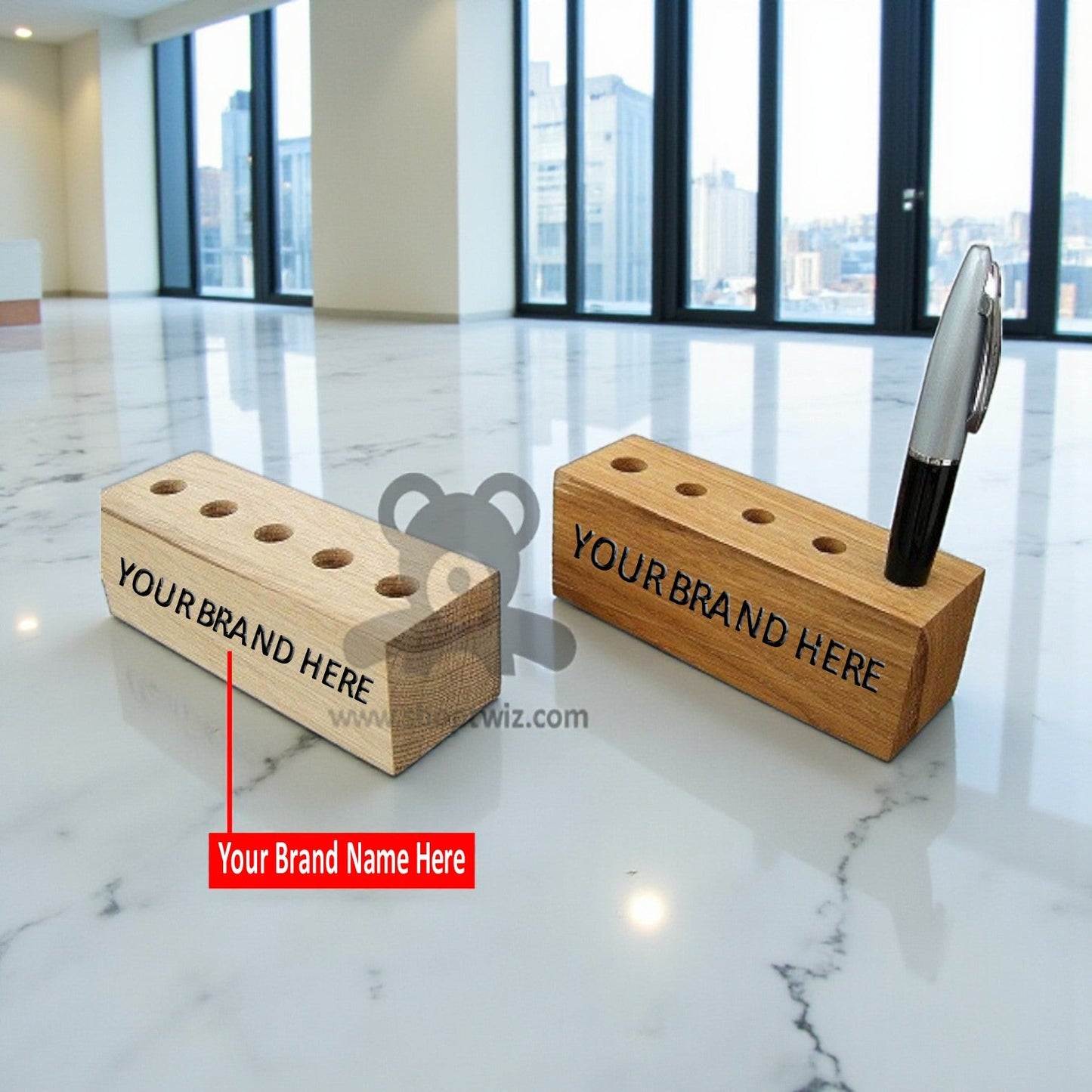 ShopTwiz Customized Wooden Pen Stand – Personalize with Logo or Name | Corporate Desk Gift