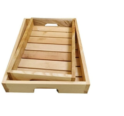 ShopTwiz Wooden Serving Tray Set of 2 Large Serving Tray with Handles Pine Wood Tray Multipurpose Serving Tray Food Tray Wooden Tray Large Tray & Medium Tray for Coffee(38L x 25W x 3H Centimeters)