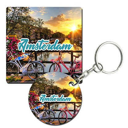 Prints and Cuts Amsterdam Travel Set of Fridge Magnet and Key Chain (Combo)