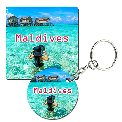 Prints and Cuts Maldives Beauty Set of Fridge Magnet and Key Chain (Combo)