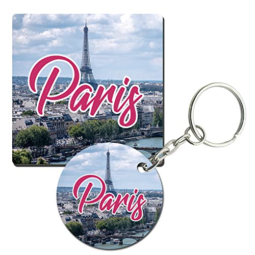 Prints and Cuts Paris Tourism Set of Fridge Magnet and Key Chain (Combo)