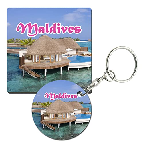 Prints and Cuts Maldives View Set of Fridge Magnet and Key Chain (Combo)