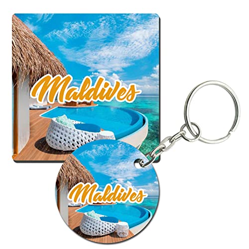 Prints and Cuts Maldives Scenery Set of Fridge Magnet and Key Chain (Combo)