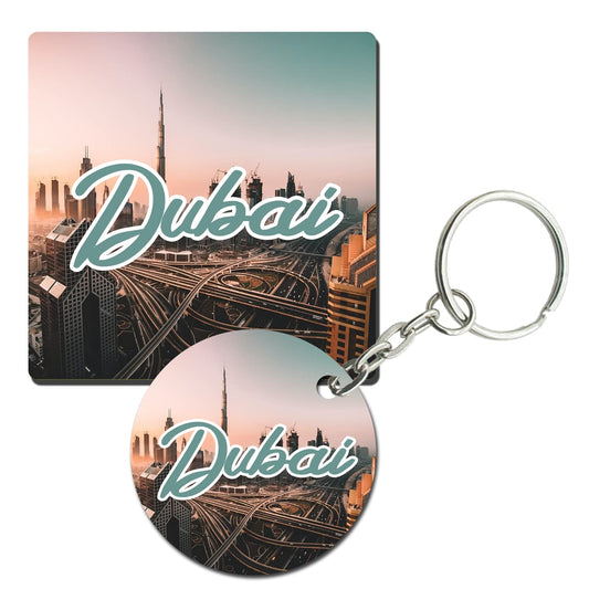 Prints and Cuts Dubai Travel Set of Fridge Magnet and Key Chain (Combo)