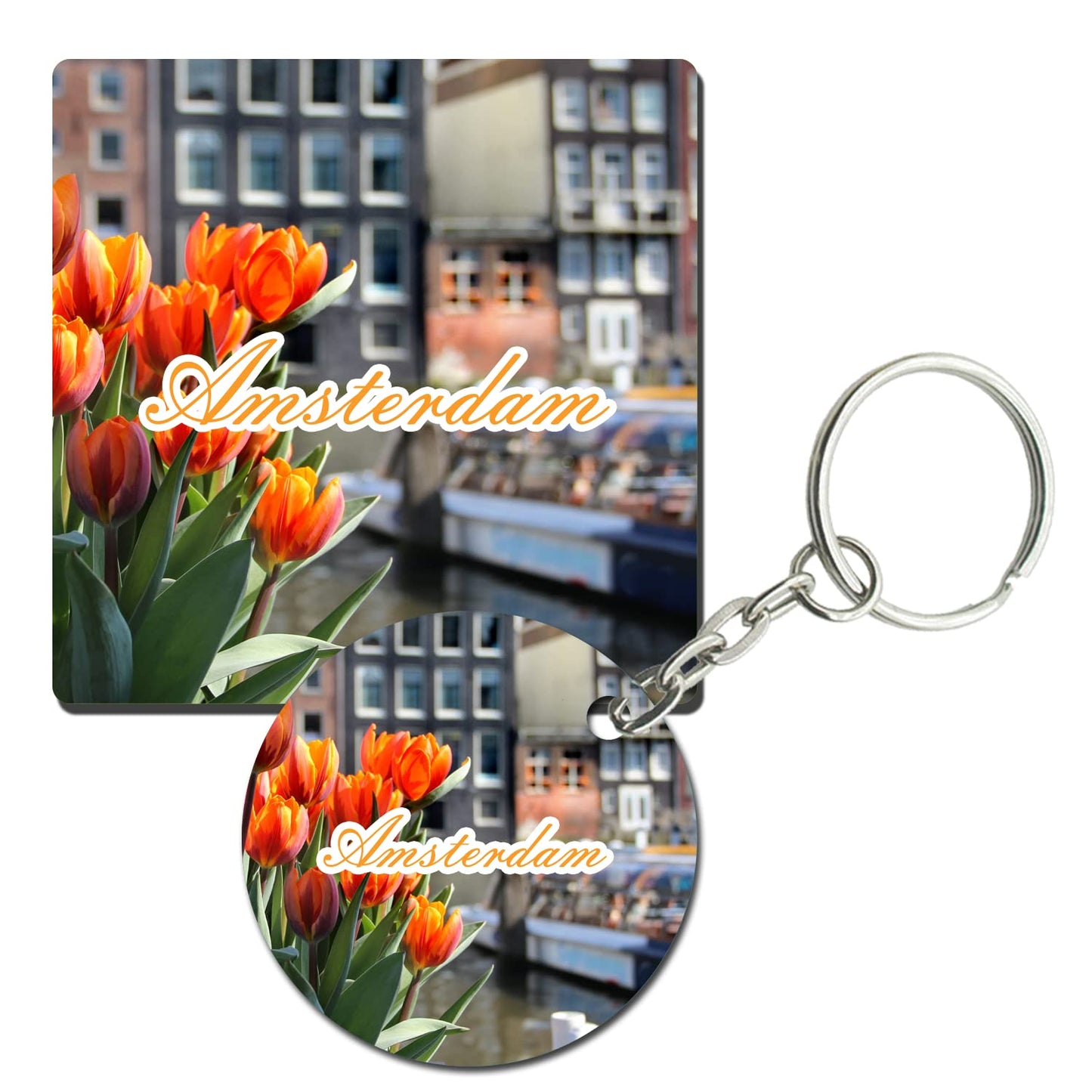 Prints and Cuts Amsterdam City Set of Fridge Magnet and Key Chain (Combo)