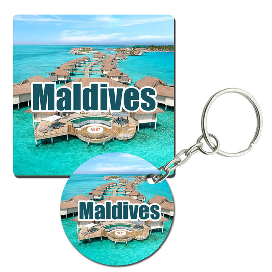 Prints and Cuts Maldives Set of Fridge Magnet and Key Chain (Combo)