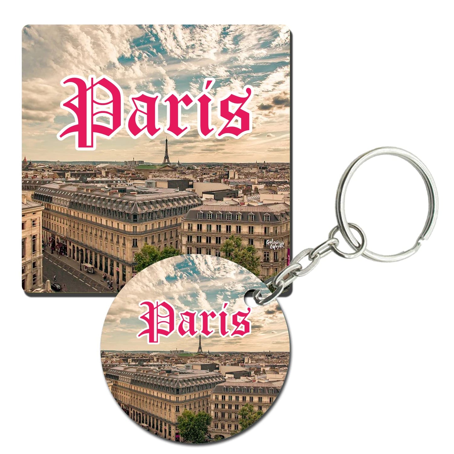 Prints and Cuts Paris City Set of Fridge Magnet and Key Chain (Combo)